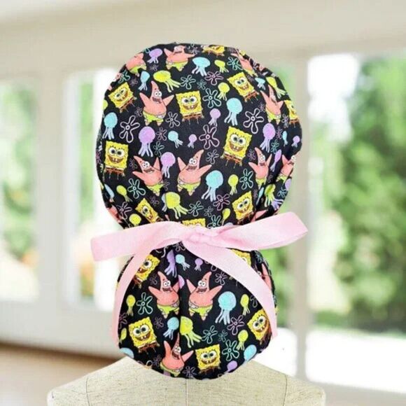 SpongeBob SquarePants & Patrick Ponytail Scrub Nurse Surgery Pharmacy Cap Hat - Picture 1 of 2
